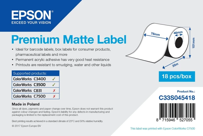 [C33S045418] Label - Epson - 76mm x 35m weiss